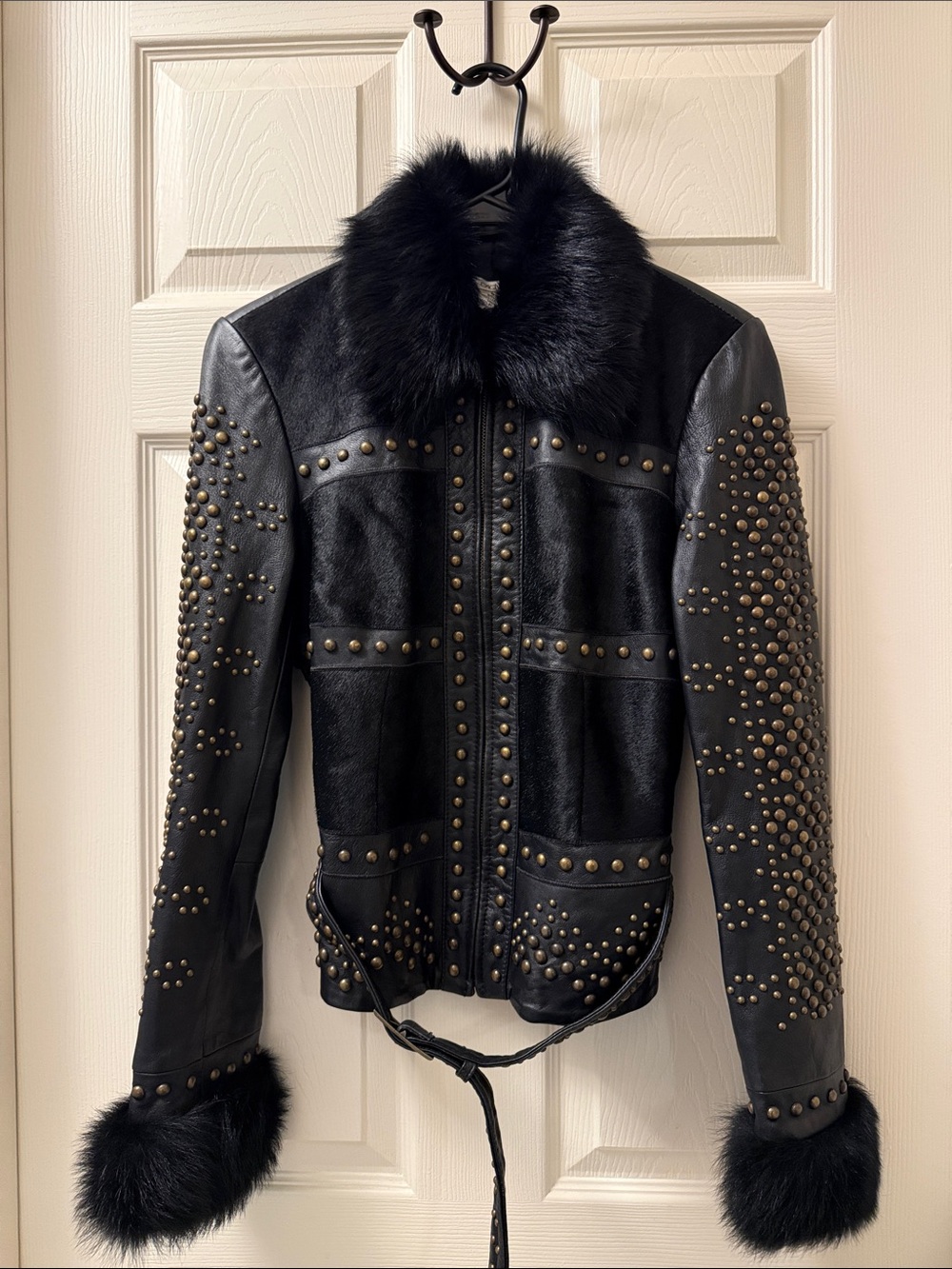 RARE Vintage CACHĆ Studded Leather Cowhide Fur Jacket Y2K Archival Mob Wife